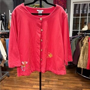 Lighter Coral Button-Front Embroidered Cardigan